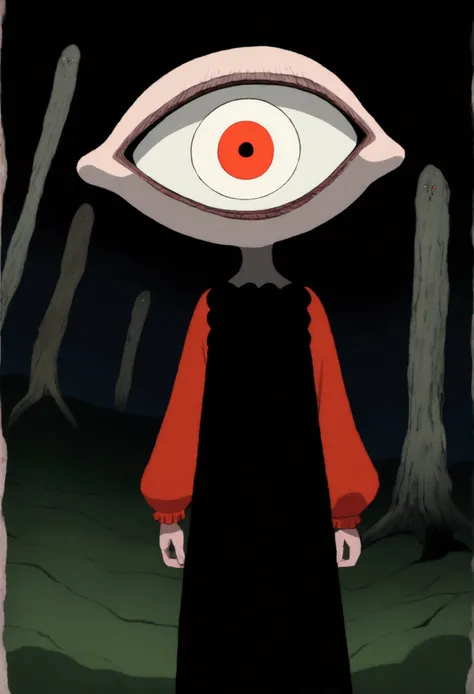 painting of a person standing in front of a red eye, yume nikki, animated film still, still from animated horror movie, inspired...