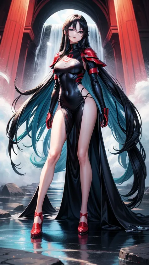 アニメ , 1 girl, {face perfect}, {long black hair}, {blue colored eyes}, {asymmetrical eyes}, {perfect nose}, {red lips}, {full body 5.0}, {red full body armor 5.0}, {in a waterfall} 
{8k image}, {128k ultra resolution}, {ultra quality 128k}, {128k high quali...