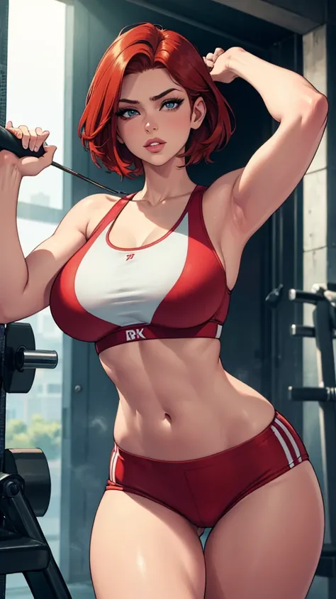 beautiful redhead woman with short hair, curves, dressed in sexy gym clothes, (best quality, 4k, 8k, high resolution, masterpiece: 1.2), ultra detailed, (realistic, photorealistic, photorealistic: 1.37), highly detailed face, beautiful eyes, full lips, sha...