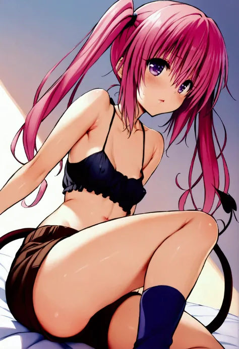 NSFW,masterpiece,Highest quality,High resolution,Very detailed,Nana Asta Deviluke(To Love-Ru),Pink Hair,Purple Eyes,long hair,Twin tails,tail,Small breasts,Crop top,Shorts,Knee-high socks