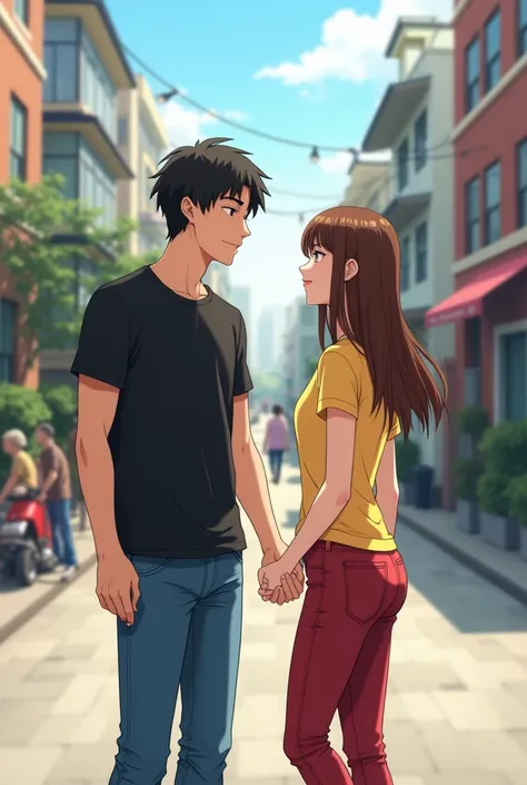 A man talking to a woman, the man is wearing a black t-shirt and a blue jeans pants, the woman is wearing a yellow t-shirt and a red jeans pants, the vibe is cool, they are friendly, they arent close and they arent touching each other, daylight scene, Anim...