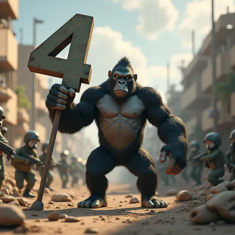 3D Animation、Gorilla holding a number 4 sign、soldier