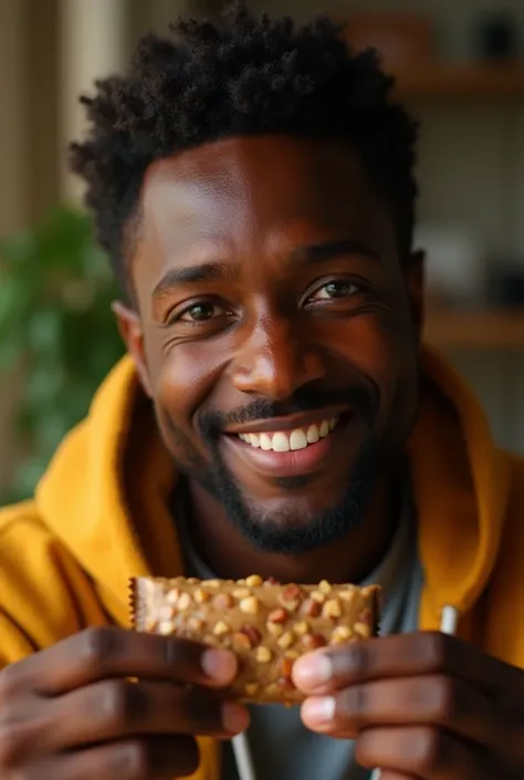 a tired but happy young black man, beautiful detailed face, detailed eyes,detailed lips, detailed skin pores, detailed facial features, receiving a protein bar from his mother, highly realistic portrait, warm natural lighting, soft focus, cinematic, beauti...