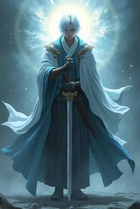 Devil May Cry 5 character Vergil with his clothes and medium-long hair ,with the attributes of God of magic and love, fair, merciful, Holy, omniscient, Omnipresent, omnipotent, Eternal, faithful with the katana Yamato 
