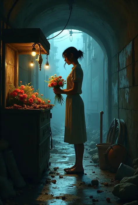 Woman buying flowers in the sewer