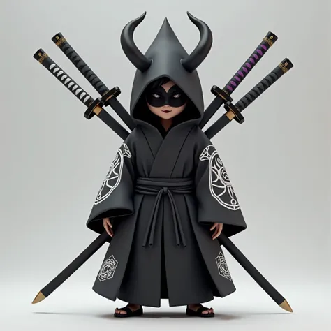 The image shows a stylized avatar with a black and white samurai theme.. The character is wearing a black kimono with white Japanese symbols on the arms and legs.. He wears a conical hat with black horns, and his face is partially covered by a black mask t...