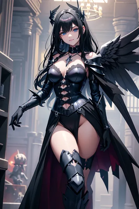 Medieval,melvsnt grin,black hair,blue eyes,plae skin,broken halo,iron cross necklace,mechanical angel wings,pink anf black tighthighs,black corsets chocker,black and purpler princess gown GtsGiga,gothic roysl outfit,Gtscity,  medieval  city,best quailty, m...