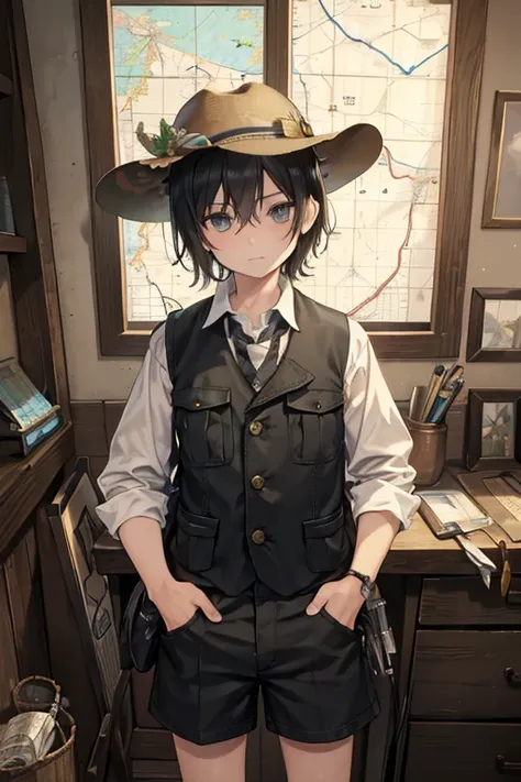 masterpiece, Highest quality, Very detailed, 16K, Ultra-high resolution, Cowboy Shot, 1 boy aged 13, Detailed face, Perfect Fingers, black eye, Black Hair, Shortcuts, A vest with lots of pockets, Shorts, Explorer knife, Safari Hat, azimuth magnetic needle,...