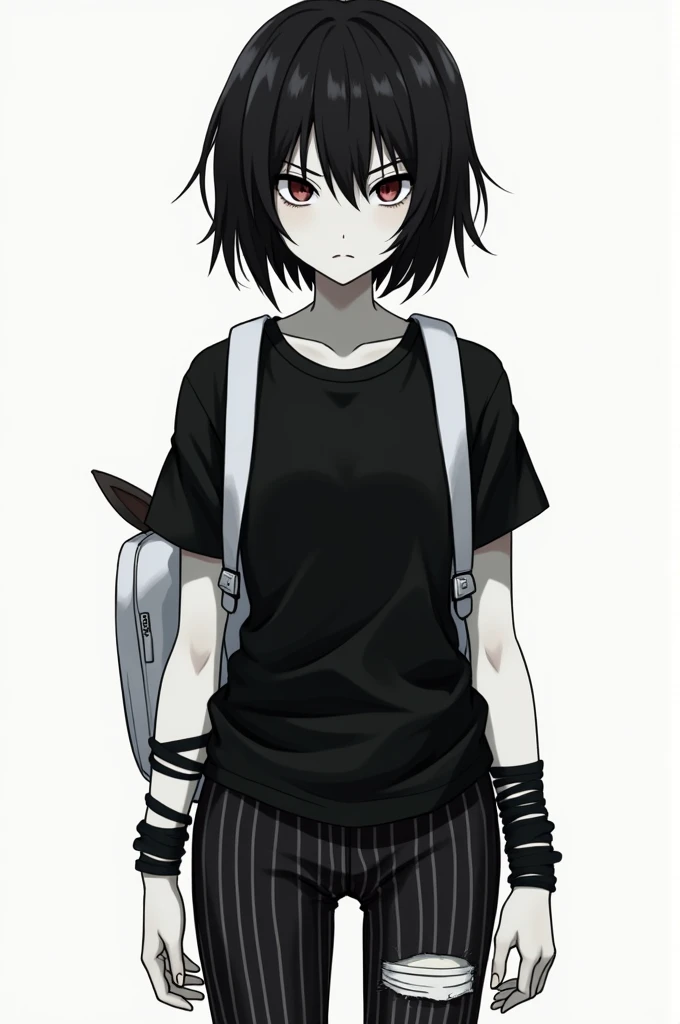 An anime with black hair and a serious face, a black shirt with black straps on the wrists, a white backpack with ears on the back, pants torn on one side and torn on the other with white stripes and white tennis shoes with pale white skin