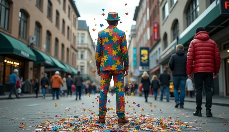 Street photography photo of a man made entirely of puzzle pieces, standing on a bustling city street, with puzzle pieces falling off him onto the sidewalk, full body framing, urban background with busy pedestrians and traffic, under natural daylight, shot ...