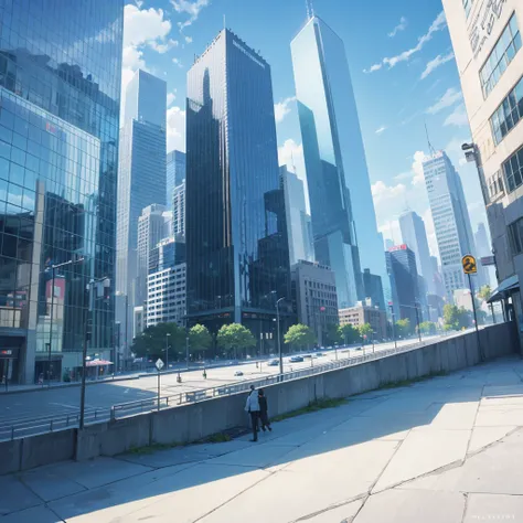 landscape, no human, looking down glass walled skyscrapers, bluesky, sunshine. morning