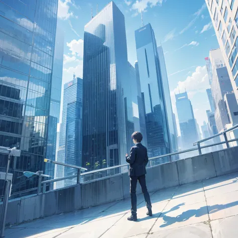 landscape, no human, looking down glass walled skyscrapers, bluesky, sunshine. morning