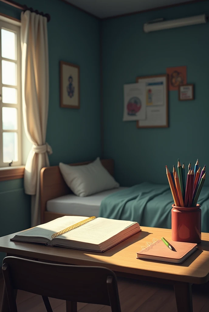 fourth room of a child without the child his desk notebooks colored pencils on the desk bed 