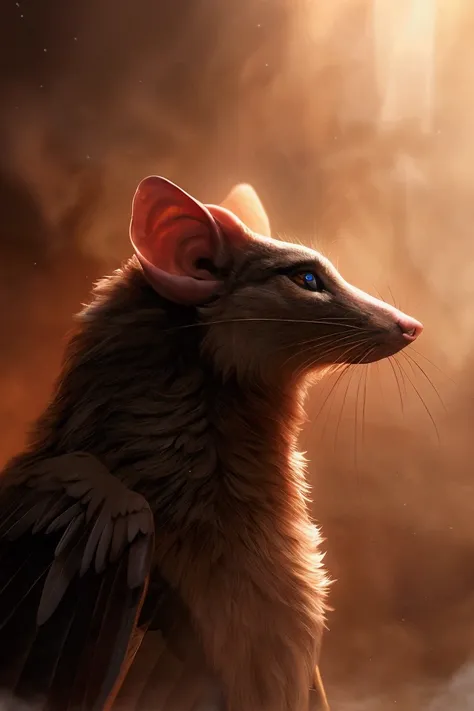 detailed winged rat, beautiful detailed eyes, beautiful detailed fur, intricate feathered wings, photorealistic, highly detailed, 8k, masterpiece, fantasy, cinematic lighting, dramatic chiaroscuro, warm color palette, dramatic shadows, dramatic highlights,...