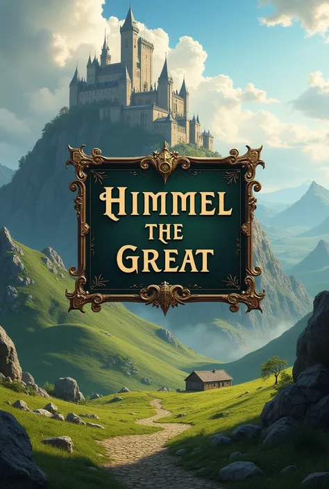 Create an image with a valley background, a castle in the background with a slightly blurred background and create a medieval-style text box inviting you to watch the Twitch channel of the streamer Himmel THE GREAT