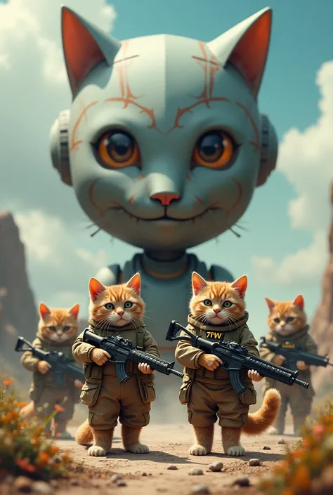 Cat army shoot and robotic head backround animals and cat in hand gun and pillow at name tag 7tw king