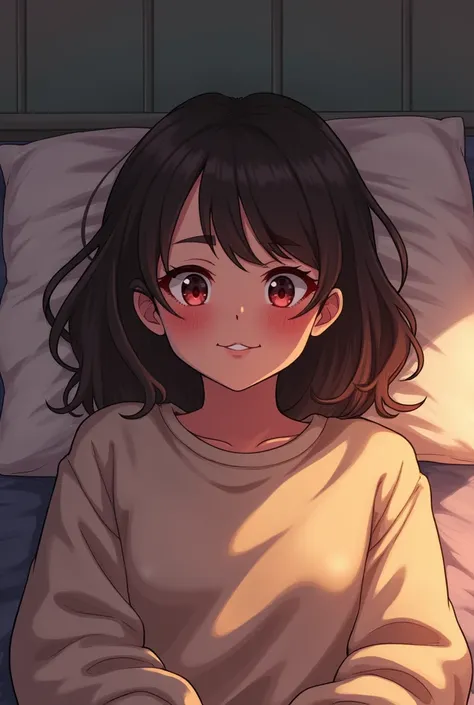 Nerd style girl wearing oversized men&#39;s sweatshirt lying on top of a dorm bed with medium length brown hair nerdy posture and nerdy manner with a nerdy face to be. Red and embarrassed face with loving eyes