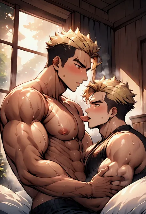 Highest quality、(muscular male:1.2)、(father:0.5)、guy、Blonde、Skin color、Short Hair、Sports haircut、short hair、(licking-nipple handjob:1.1)、(sweat:1.3)、steam