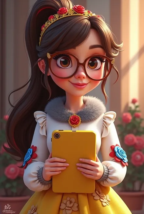 Imagem da filha da Ramona Badwof e da Rosabella Beauty de Ever After High: Long wavy brown ponytail with red streaked bangs, first of all, light brown eyes, brown glasses with a red rose, white blouse with blue, with roses on the blouse and sleeves, yellow...