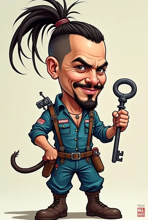 PLUMBER WITH SAMURAI CUT TIED UP,JHONNY DEPPY&#39;S FACE CARTOON VERSION HOLDING A GRIFFO KEY