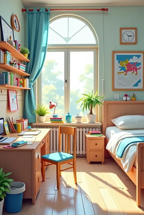 fourth room of a child without the child his desk notebooks pencils colors on the desk bed spacious clear horizontal