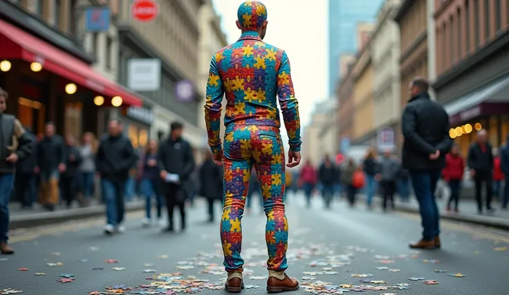 Street photography photo of a man made entirely of puzzle pieces, standing on a bustling city street, with some pieces missing from his body, creating visible gaps, while other puzzle pieces fall onto the sidewalk, full body framing, vibrant urban backgrou...