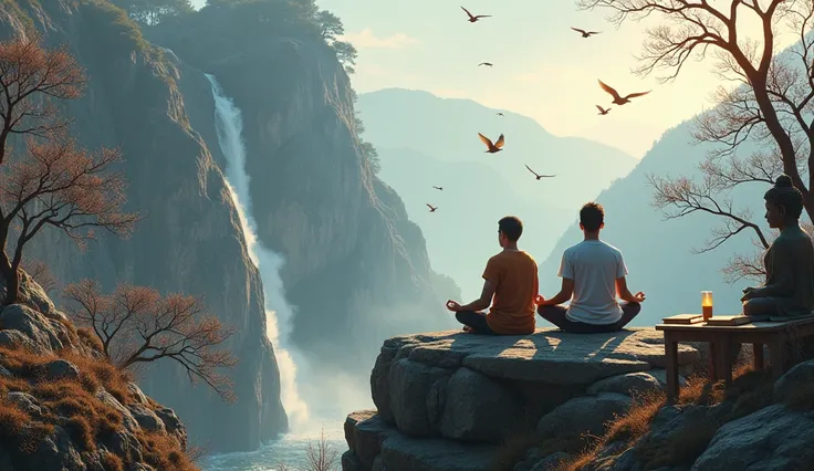 generate 2 people meditating on an ancient mountain next to a table with books and an old candle with a dog and in front there is a waterfall and brown birds flying with dry trees on one side and mature trees on the other with the strong and beautiful sun ...