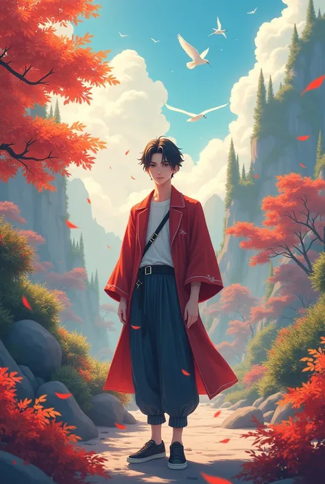 a young man shorty black hairstylish, wear characters clothes, standing, pose, style, fashion, natural, animation background, colorful places, colorful leafs, morning sun, beautiful nature, birds on the sky, real hyper realistic, real human jepang, UHD 8k,...