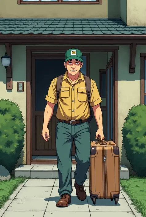 With a design similar to Fujiko F. Fujio。Delivery man。He has a troubled look on his face while carrying his luggage.。In front of the entrance to a house。