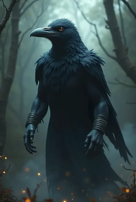 Crow turning into a man,
With human and animal parts