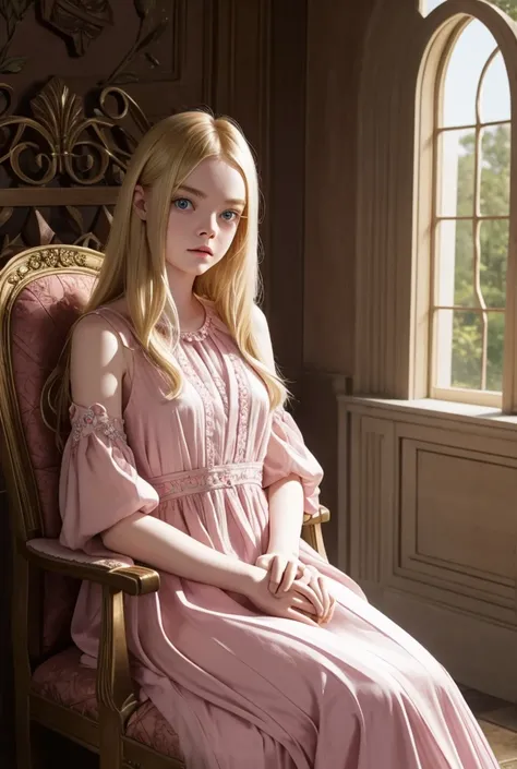 Elle Fanning sitting in her castle with beautiful blonde hair and beautiful pink and flowery dress. 