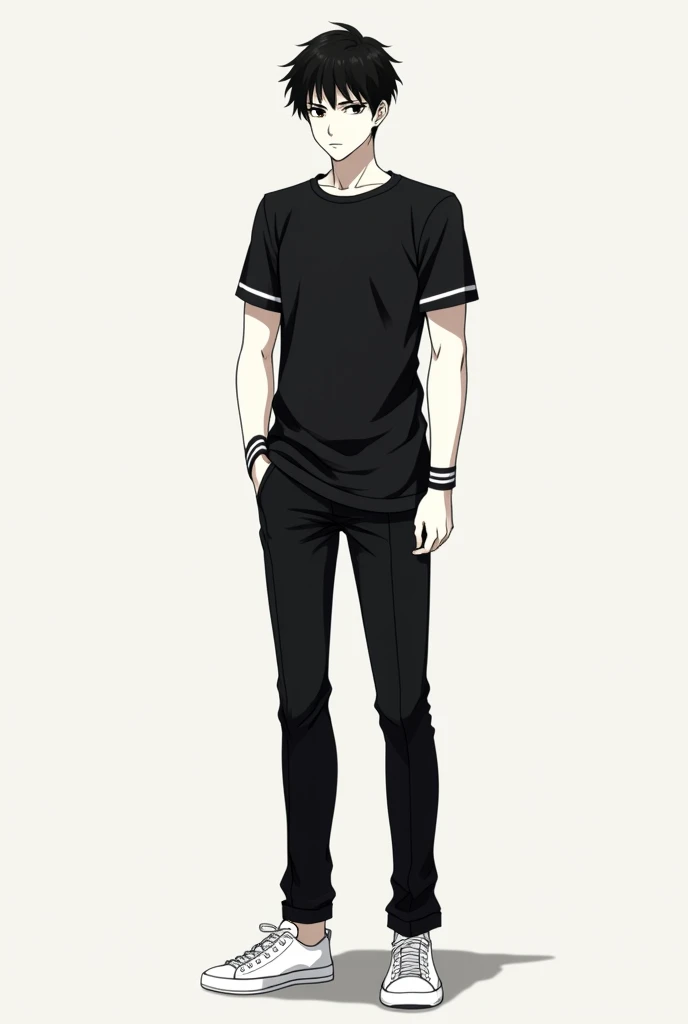 A black-haired anime with a serious face, a black short-sleeved shirt with a black strip on the wrists, black pants, white tennis shoes, and pale white skin, male.