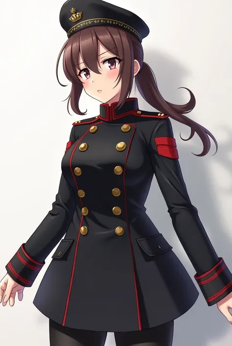 White anime girl in a black military overcoat with a red line on each arm, military beret, black pants, with brown hair in a ponytail. Face forwards with Midsize boobs
