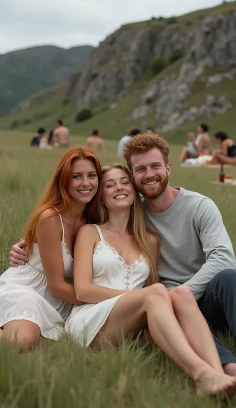 (photorealism:1.2), Candid outdoor photo of three people sitting closely together in a grassy field with a rocky hill in the background. The person on the left is a woman with medium skin tone, long red hair, and is wearing a white dress with lace trim. Th...