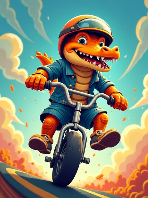 A logo sport, a Crocodile orange wearing helmet, a jean, shoes is riding on a balance bike and dangling its legs with a cool image, more detail, enhanced, poakl