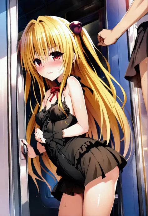 NSFW,masterpiece,Highest quality,High resolution,Very detailed,Golden Darkness(To Love-Ru),Blonde,Red eyes,long hair,Two Side Up,Small breasts,Black Dress,Sleeveless,Removable sleeves,mini skirt,hair ornaments,Knee socks,Embarrassed,blush,Inside the train,...