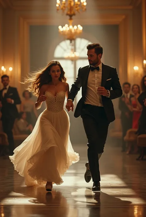 Man running after woman in prom dress. Woman has brown hair. The ambiance is chic and rich. People dress old-fashioned. They are in an empty room