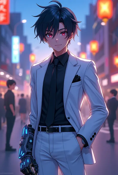 Anime masterpiece, charming boy, inspired by Debonair Ezreal from League of Legends and My Hero Academia aesthetics, captivating smile and confident gaze, donned in a pristine white tailored suit, sleek black tie elegantly knotted, glimmering gauntlet on r...