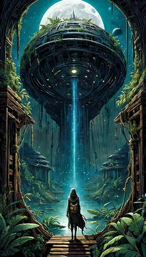 Enter the mysterious nighttime expanse of a deserted city, where moonlight cascades down on the skeletal remains of wooden structures, intertwined with the sturdy tendrils of jungle vegetation. Arriba, The cosmic tapestry is interrupted by the great spaces...