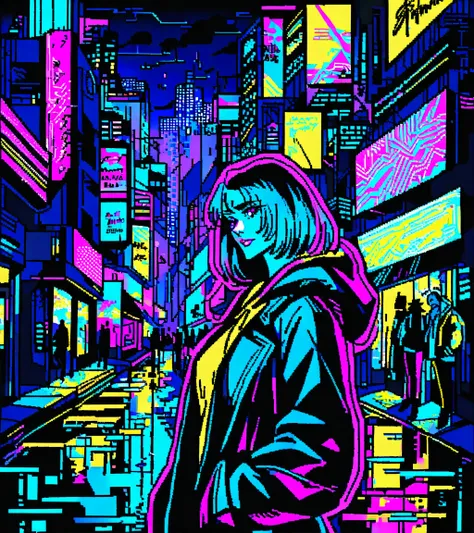 (Anne of arms,A girl with a beautiful face.), evening, cyberpunk city, Dark, Raining, Neon lights, ((Wearing a blazer over a hoodie)), blazer, hoodie,(cyberpunk 2077 cityscape), (), cyberpunk 2077, cyberpunk, synthesized wave, 1980s, futurism, brutalism, n...