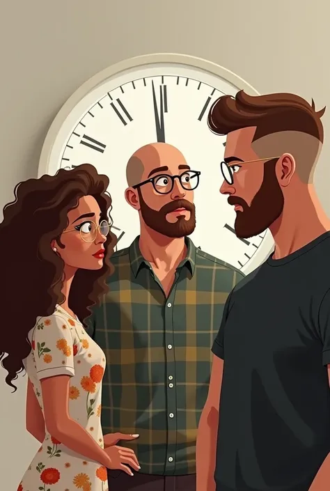 Make a bald man with round glasses short brown hair and beard with plaid shirt, in the middle, woman with long brown curly hair wearing gold-framed glasses and a floral dress . On the other side, man with shaved hair, military style, brown beard and black ...