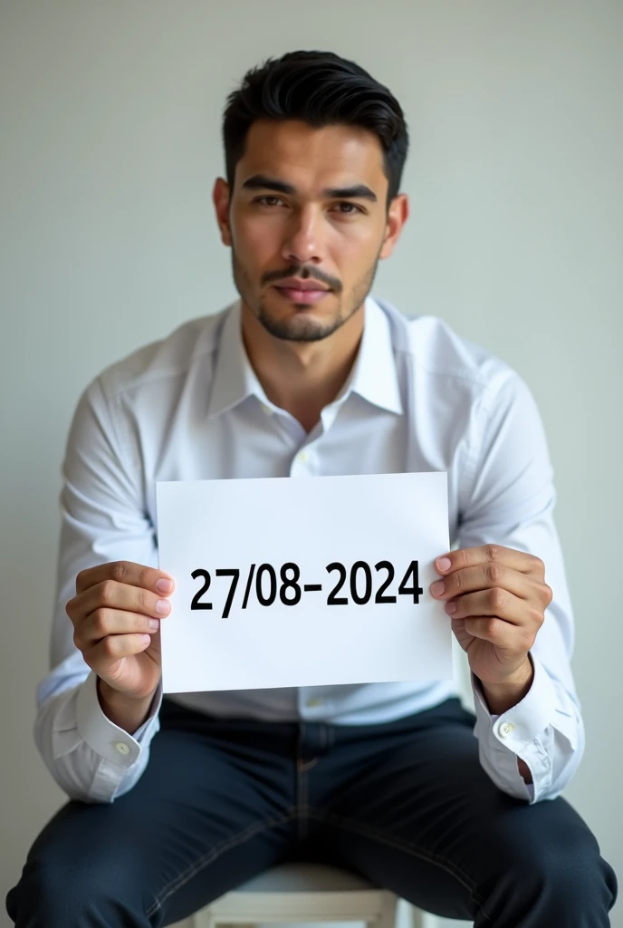 Photo of a man sitting down , holding a white paper with this (27/08/2024) written om the paper , change his hair to black and no hair should be on the face 