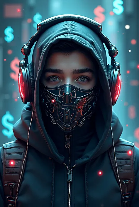 a photo for my Instagram profile, related to making money with the internet, the name of the pergil is " million boy ", I thought of a half cybernetic group, like a kid in a hoodie and headphones, in a footprint involving money and technology, if possible ...