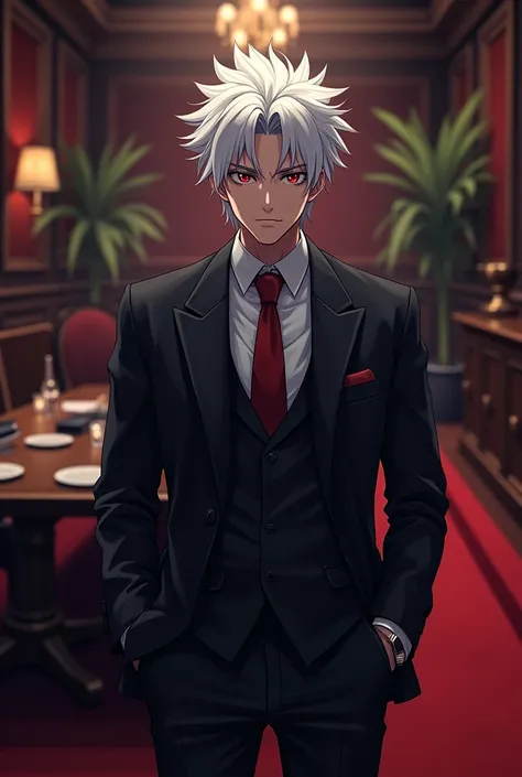 Anime young male mafia boss with white hair and red eyes