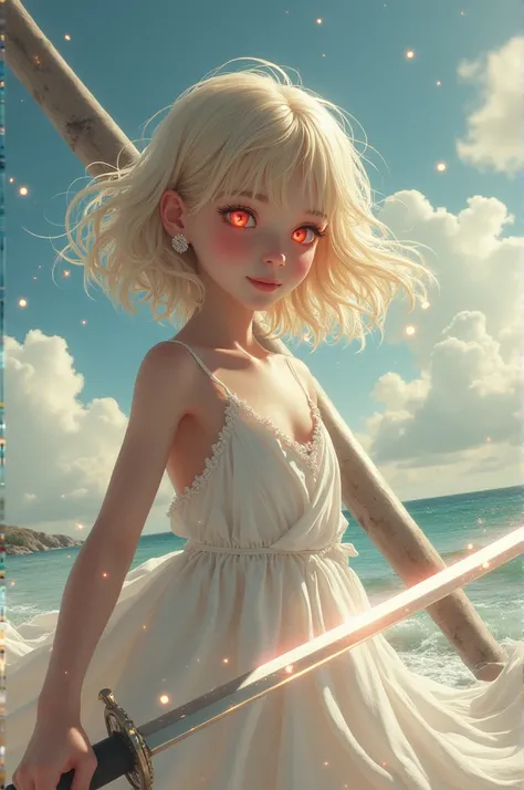 (masterpiece), ((highest quality)), (super detailed), ((very delicate and beautiful)), (incredibly absurd))), (perfect body))), 1 girl, glowing white particles, fighting, holding_sword, blonde bob, red eyes, seventeen years old, outdoor, sky, aura full bod...