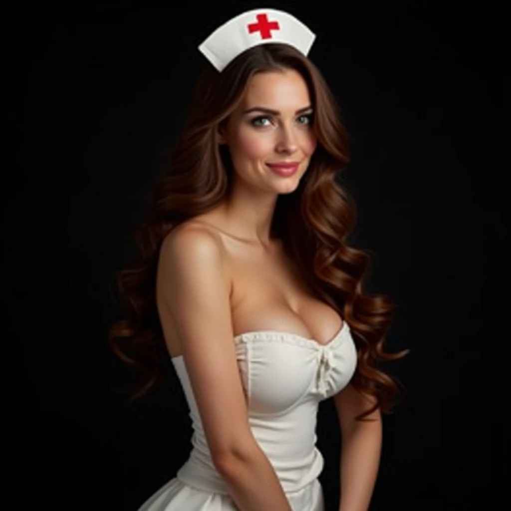 1 woman, Brown hair, flirtatious smile, green eyes, Long hair, very big breasts, very big buttocks, wearing an erotic nurse costume, Photo studio, Black background 