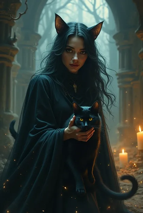 Witch turning into black cat with magic