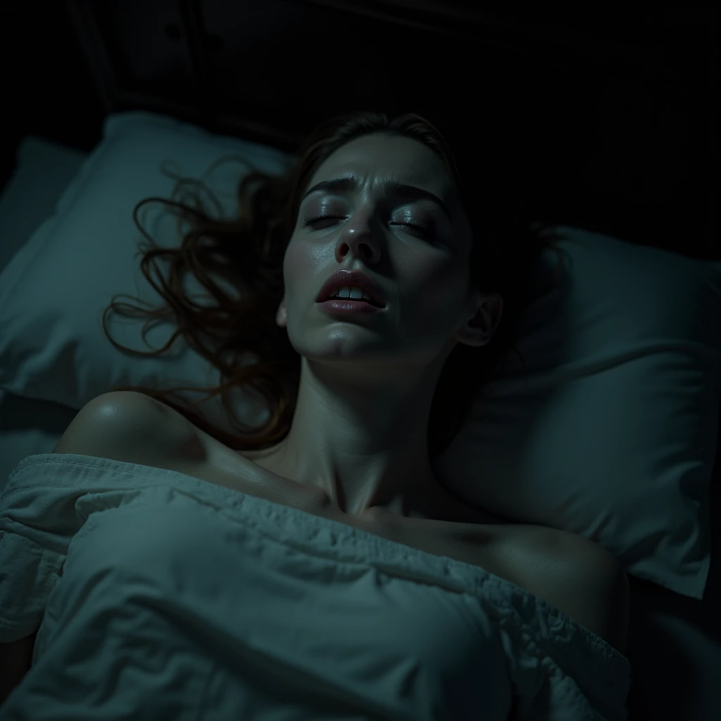 A woman lying DEAD on a bed, asphyxiated. Focus on her face, POV: From my perspective, from above her lap, looking at her, already dead. Dark room, realistic, real life. 