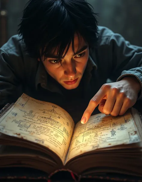 Close-up of an old book open to the page showing a cryptic diagram. Alex (2 young man, delgado, with messy black hair and dark eyes and wears glasses) points to a symbol.