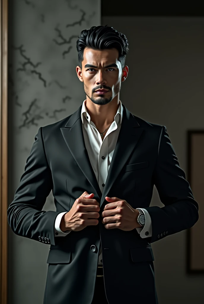 (best quality, masterpiece, 8K, photorealistic, cinematic lighting, 1:4 hdr image, ultra detailed, beautiful image), a mature man, very handsome, ((cold expression)), short black hair, red eyes, face perfect without mistakes, ((buttoning his jacket, CEO))